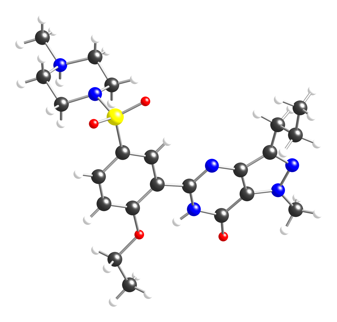 Ball-and-stick model of the sildenafil citrate molecule, the active ingredient in Cenforce 100 mg