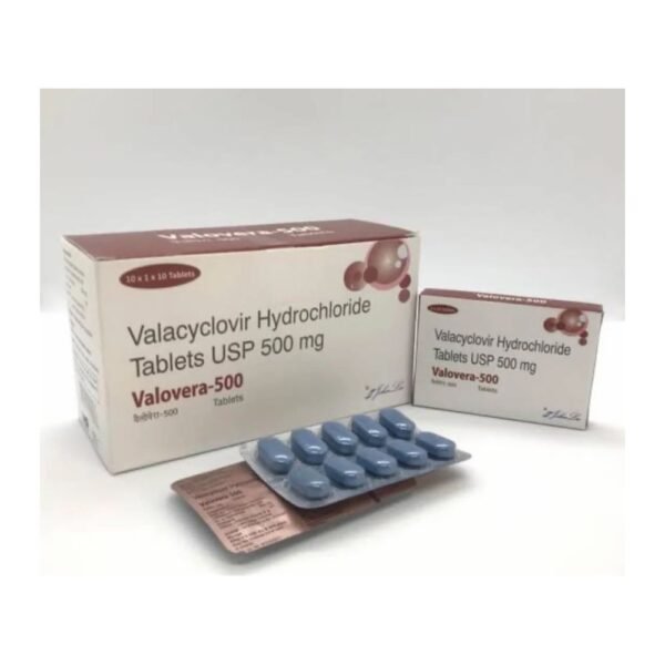 Valacyclovir 500 mg tablets pack and blister